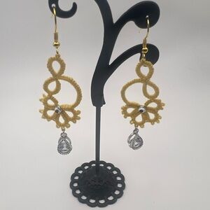 Artisan gold plated crochet yarn and crystal earrings